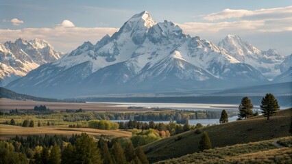 Fototapeta premium Grand Teton Landscape Panoramic Composition, Snow-Capped Peaks, Serene Valley, Mountain Photography Grand Teton National Park, Landscape Photography