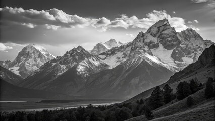 Grand Teton Range Monochromatic Landscape, Dramatic Cloudscape, Majestic Peaks, Black and White Photography Mountains, Tetons