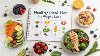 Healthy Meal Plan for Weight Loss Flatlay Composition with Fruits, Vegetables and Chart, diet plan, healthy eating diet, weightloss