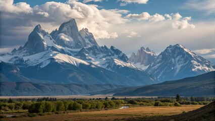 Fototapeta premium Patagonian Landscape Wide Shot of Snowy Peaks, Valley, Clouds, Patagonia, Andes Mountains. Landscape Photography, Mountain Scenery