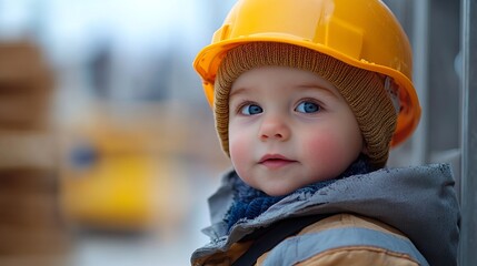 A toddler dressed in a winter jacket and yellow hard hat stands at a construction site, reflecting curiosity and the innocence of childhood in a grown-up setting.