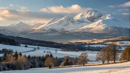 Snowy Mountain Landscape at Sunrise Wide Composition, Golden Hour Light, Winter Scenery, Slovakia Winter landscape, mountain photography