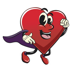 Cute heart vektor illustration mascot character as flying superhero wearing a robe, work of hand drawn