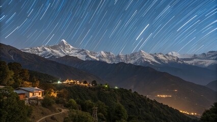 Star Trails over Himalayan Village, Long Exposure Night Photography, Mountain Landscape, AstroPhotography,Stars,Himalayas Astrophotography, Night Photography