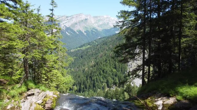 Aerial view of Cascade du Rouget (Rouget Waterfalls) in Sixt-fer-a-cheval in Haute-Savoie France