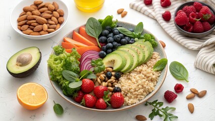 Vibrant Fruit and Quinoa Bowl Top View Composition, Healthy Eating Concept, Colorful Food Photography, Dietary, Vegan Dietary, Vegan
