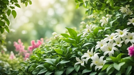 Lush green foliage frames vibrant white lilies and soft pink flowers in a sun-dappled garden scene.