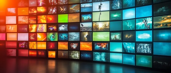 A wall filled with multiple TV screens showcasing diverse and vibrant broadcasts, forming an abstract background of television media.