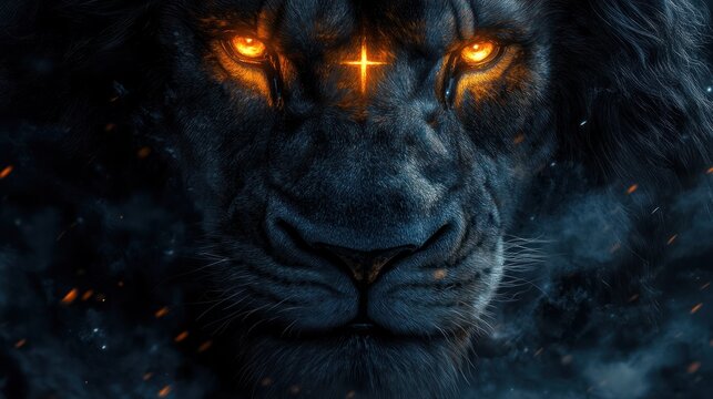 Majestic Lion Face with Ethereal Glow in Stormy Sky, Dramatic Light and Cross Composition, Digital Art of Faith and Power
