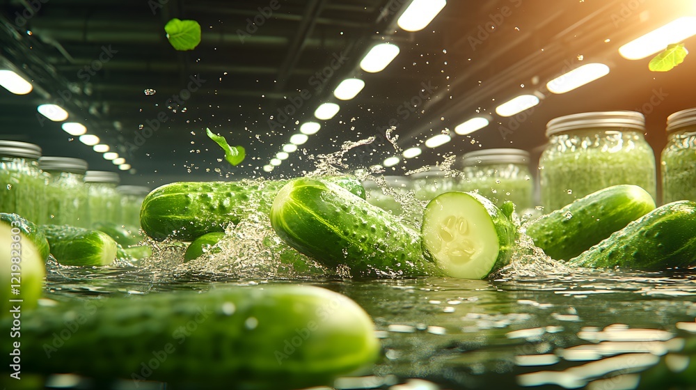 Poster fresh cucumbers splash into water while surrounded by jars of preserved vegetables in a modern proce