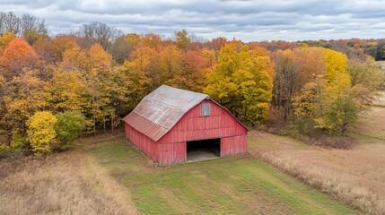 A rustic red barn stands alone surrounded by vibrant autumn foliage and a cloudy sky, portraying a serene and picturesque rural landscape scene.
