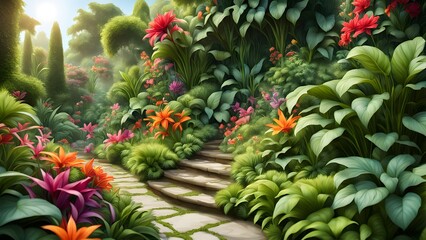 Sunlit stone steps wind through a lush, vibrant garden brimming with exotic flowers and tropical foliage.