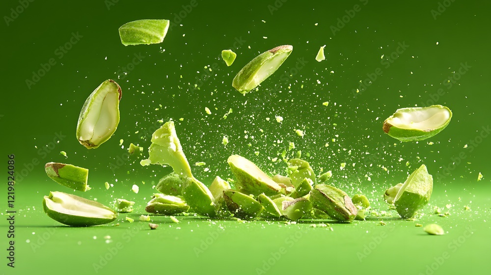 Aufkleber fresh green avocado slices exploding against green background, creating dynamic motion and texture, 