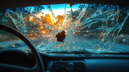 Shattered windshield, sunset, car interior damage.