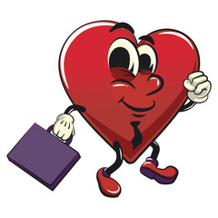 Cute heart vektor illustration mascot character wearing a tie and carrying a suitcase rushing to the office, work of hand drawn