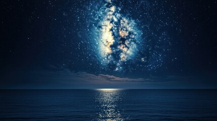 Milky Way galaxy rising over calm ocean at night.