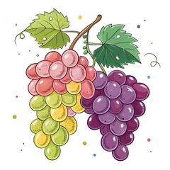 Fototapeta premium Colorful Grape Bunch Illustration Vibrant Art of Red, Green and Purple Grapes with Leaves, Fruit, Grapes Illustration Fruit,