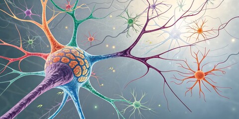 Colorful Neuron Network 3D Render, Brain Cell, Neural Connections, Neuroscience Neuron, Brain