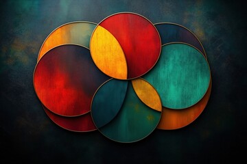 Colorful overlapping circles create visual harmony. Abstract design portrays balance, intersection of different elements. Modern art piece finding personal purpose, passion in life. Circles represent