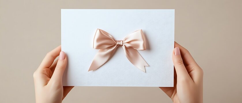 A woman holds a plain white piece of paper tied with a silk ribbon bow, set against a light background, perfect for a gift certificate template with plenty of room for customization.