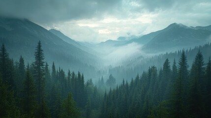 Misty evergreen forest in mountain valley.