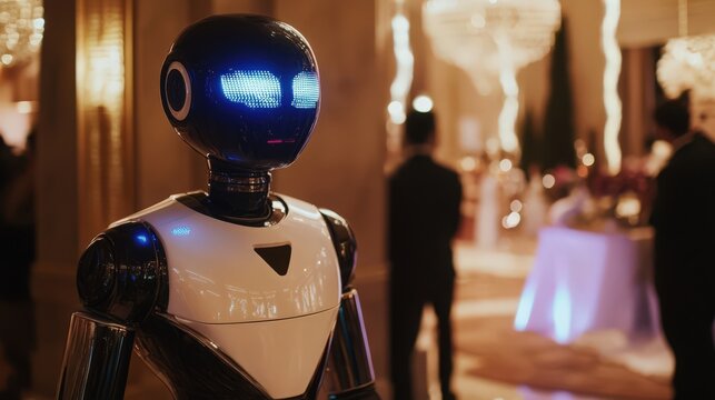 Futuristic Robot Attends Sophisticated Gathering in Elegant Ballroom Setting