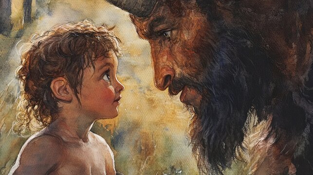 04_Artistic watercolor, close-up of Chiron the centaur teaching a child, wise and patient expression, glowing light, muted natural tones creating a pastoral atmosphere.jpeg