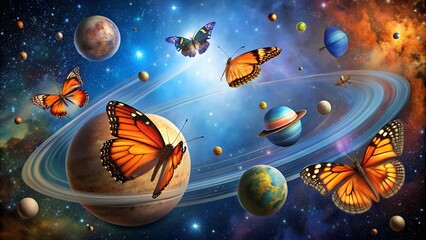 Butterflies fly in space Cosmos Solar system Universe Infinity Galaxies Stars Planets Earth Moon Sun Backgrounds for advertising Texture editor Picture marketing Image business Wallpaper desktop art