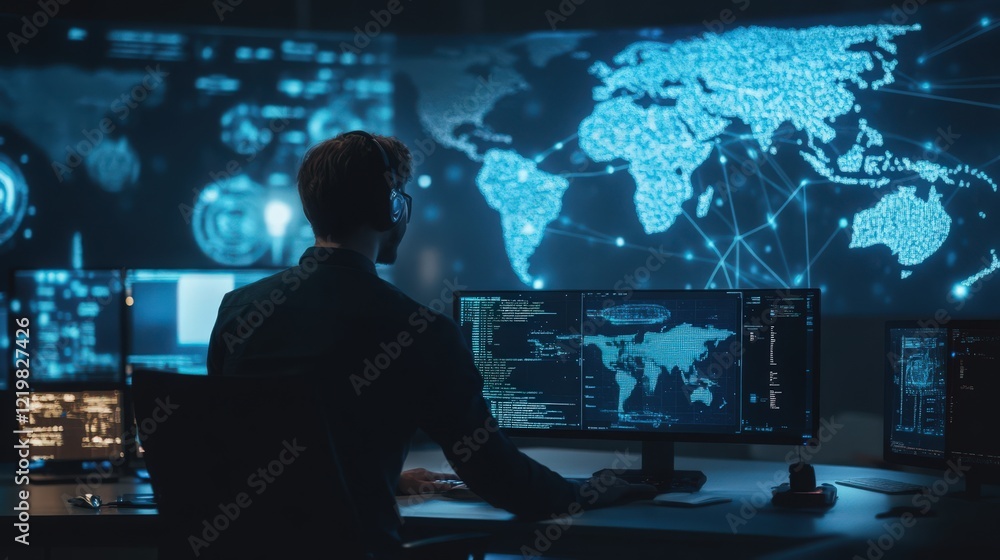 Poster a cybersecurity specialist works in a dark room, monitoring the security of data on multiple screens