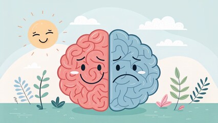 Dual Brain Hemisphere Illustration Happy vs Sad, Cartoon Brain, Vector Art, Mental Health Mental health, Vector illustration