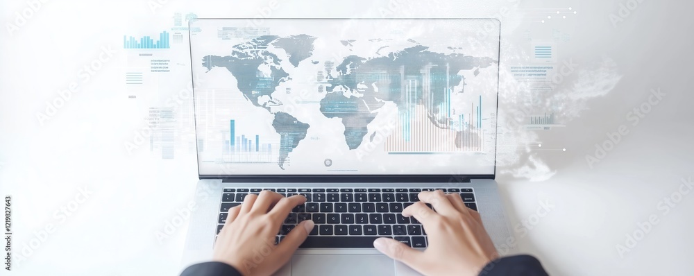 Poster business person analyzes global data trends on laptop. person uses laptop showing global maps with f