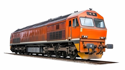 Obraz premium Orange freight train on tracks, white background, transport