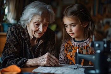 Fototapeta premium Elderly woman teaching young girl to sew by hand, symbolizing intergenerational connection, traditional skills, learning through experience, and the passing down of cultural knowledge. 