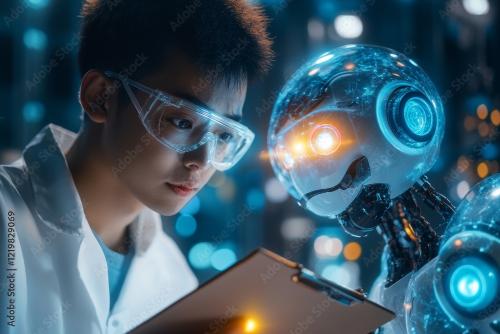 Poster A 3D depiction of a scientist dropping their clipboard in shock as a robotic experiment comes to life in their high-tech lab, glowing with energy
