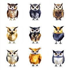 Fototapeta premium Low Poly Owl Collection: A set of nine low polygon owls in diverse color palettes and patterns, arranged in a grid.