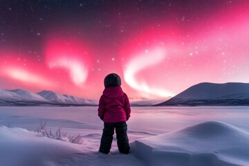 A breathtaking view of the Northern Lights, with a silhouetted figure standing in awe under the vivid sky