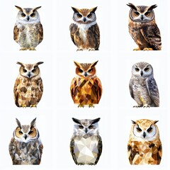 Fototapeta premium Geometric Owl Collection: Nine distinct owls rendered in a captivating geometric style, each showcasing a unique combination of colors and textures.