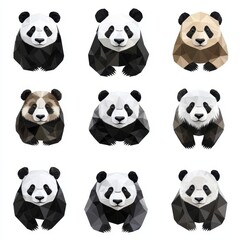 Fototapeta premium Geometric Panda Pattern: A collection of nine adorable panda bears in a geometric style. The stylized designs of these bears are reminiscent of modern art and add a touch of whimsy to any decor. 