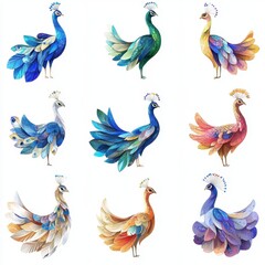 Obraz premium Peacock Collection: A vibrant collection of nine peacocks in various colors and poses, showcasing intricate feather details and artistic style. 
