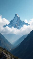 Majestic mountain peak hidden in the cloud layer, clouds, rugged terrain, sky