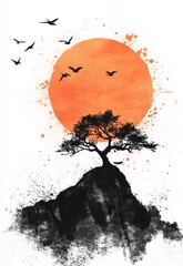 Solitary Tree on Hilltop Birds Flying Sunset Sky