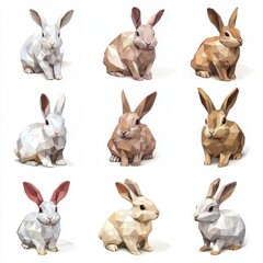 Fototapeta premium Geometric Rabbits Collection: Nine adorable rabbits in various shades of white and brown, rendered in a striking low-poly geometric style, creating a unique and modern aesthetic.