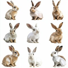 Nine Adorable Rabbits: A charming collection of nine low-poly rabbits in various shades of brown and white, arranged in a 3x3 grid. Each rabbit is uniquely charming, showcasing adorable expressions. 