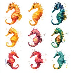 Obraz premium Watercolor Sea Horses: Nine vibrant seahorses in an array of colours are rendered in a watercolor style, capturing the beauty of these unique marine creatures.