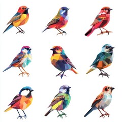 Obraz premium Geometric Bird Collection: A vibrant collection of nine geometric birds, each with unique colors and patterns.
