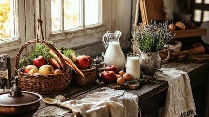 Rustic Farmhouse Kitchen: Fresh Produce and Dairy Arrangement for Culinary Inspiration