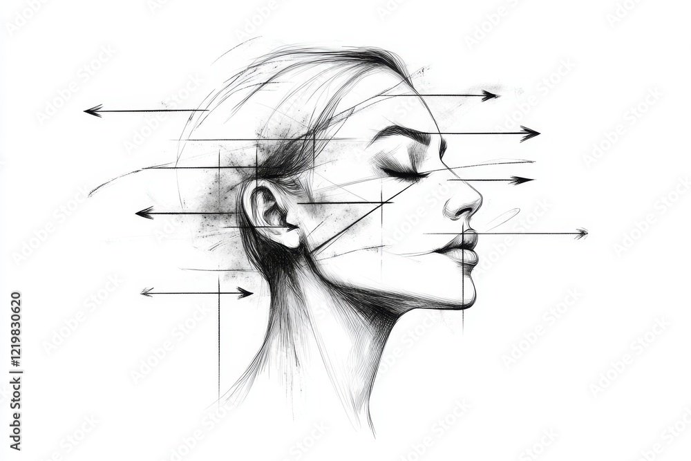 Poster A clean line drawing of a person with overlapping arrows around their head, symbolizing indecision and confusion in a minimalist style