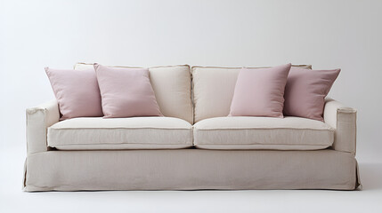 Fototapeta premium Beige sofa with pink cushions, perfect for a modern living room. Comfortable and stylish.