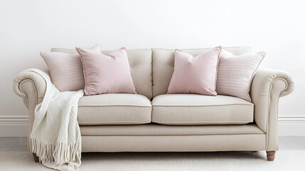 Fototapeta premium Beige sofa with pink cushions and a cream-colored throw blanket. Perfect for a cozy living room.