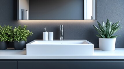 Fototapeta premium Modern bath sink,plants,mirror,dark wall.